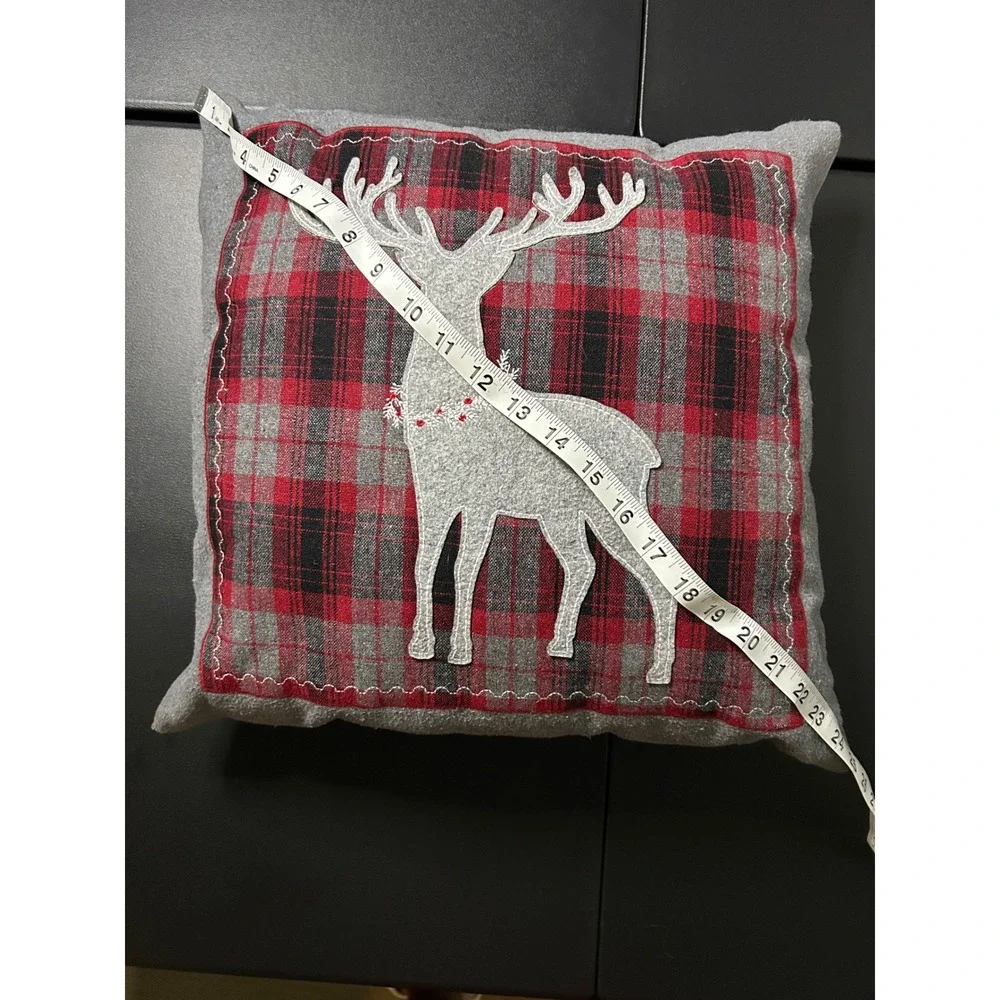 Unbranded Gray Red Plaid Reindeer Throw Pillow